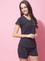 Navy Blue Hosiery Ethnic Printed Night Suit