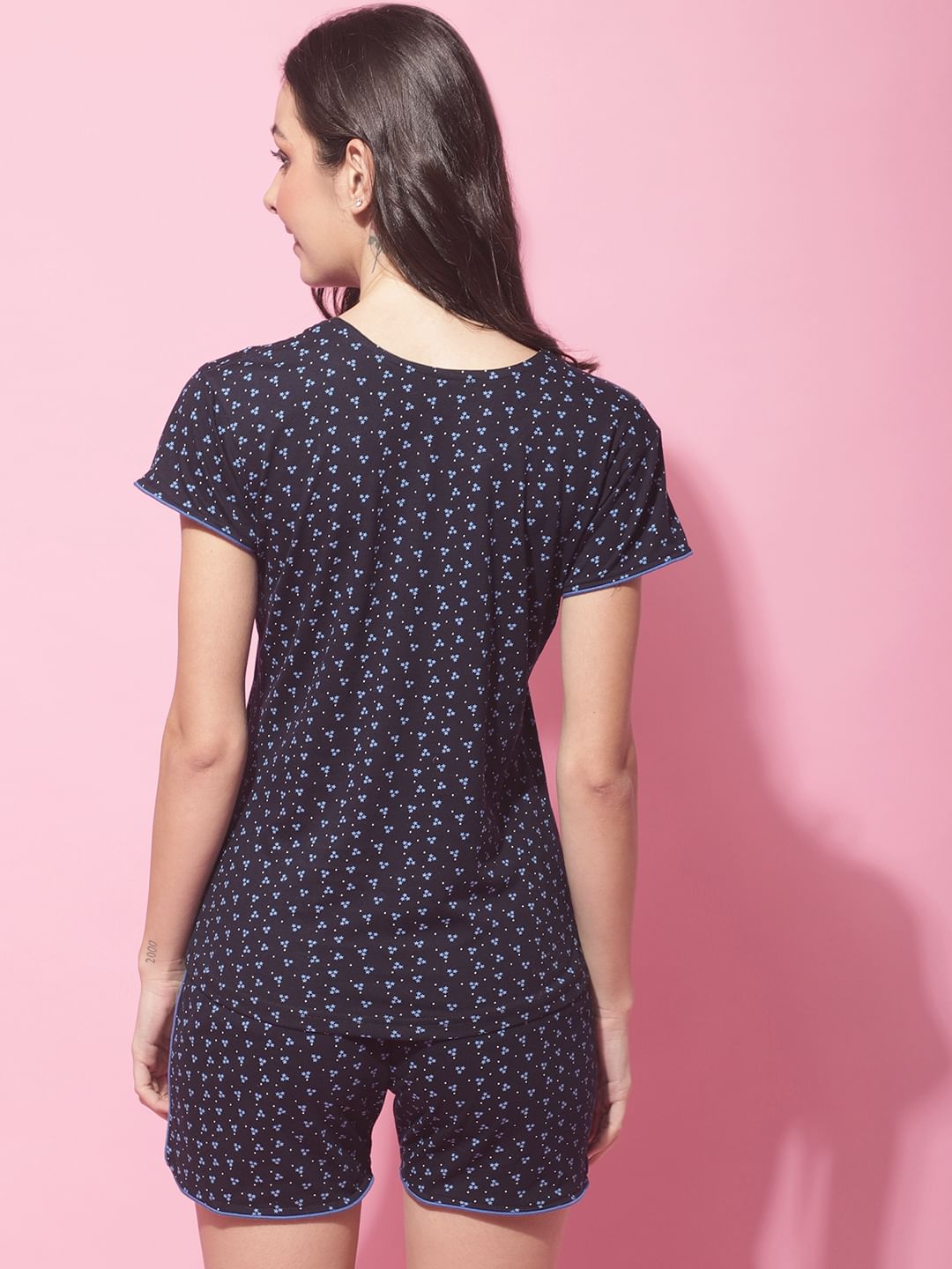 Navy Blue Hosiery Ethnic Printed Night Suit
