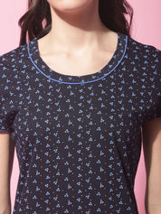 Navy Blue Hosiery Ethnic Printed Night Suit