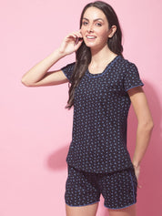 Navy Blue Hosiery Ethnic Printed Night Suit