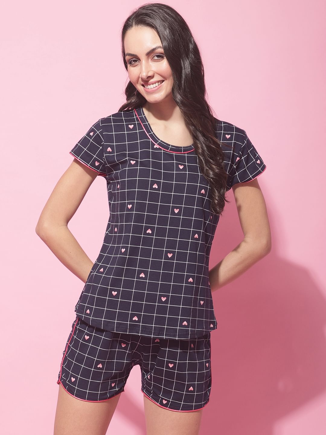 Navy Blue Hosiery Printed Night Suit