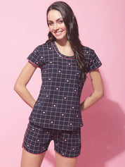 Navy Blue Hosiery Printed Night Suit