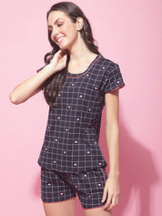 Navy Blue Hosiery Printed Night Suit