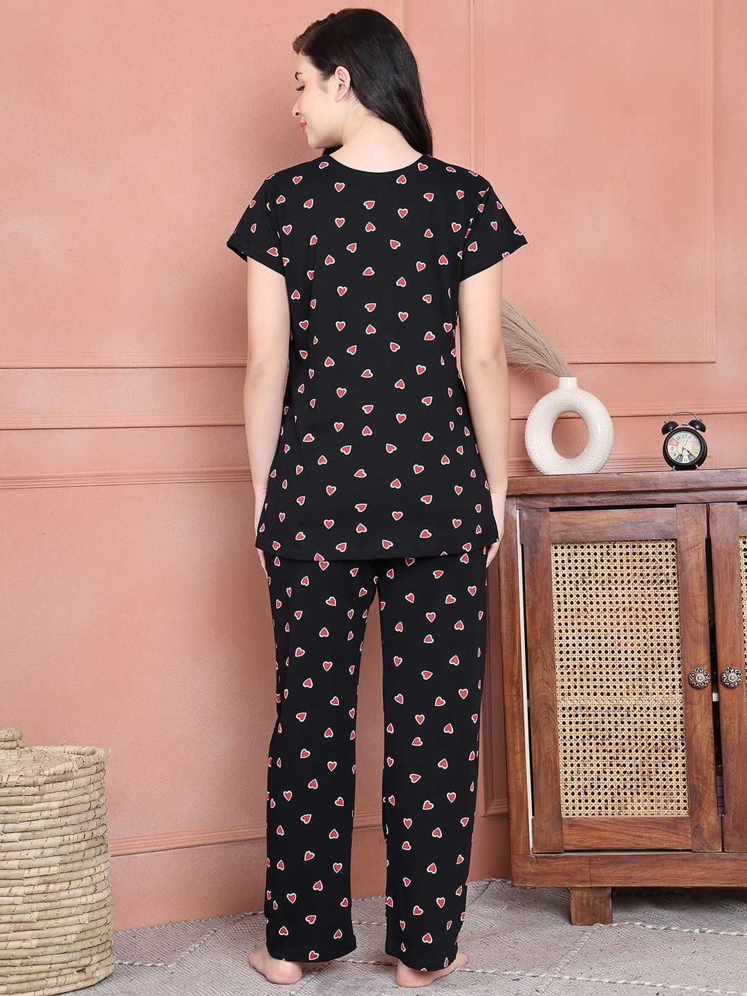Secret Wish Black Printed Hosiery Maternity Night Suit