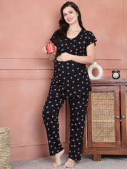 Secret Wish Black Printed Hosiery Maternity Night Suit