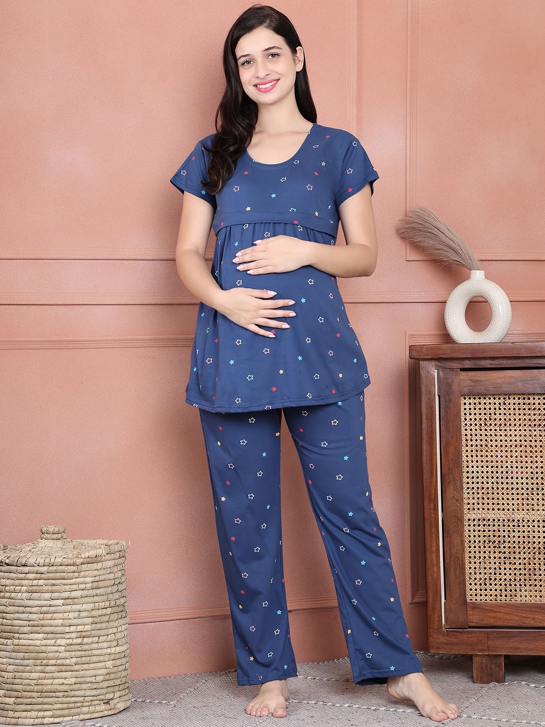 Secret Wish Blue Printed Hosiery Maternity Night Suit