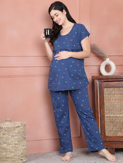 Secret Wish Blue Printed Hosiery Maternity Night Suit