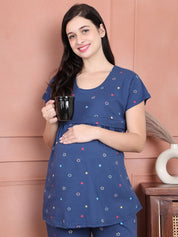 Secret Wish Blue Printed Hosiery Maternity Night Suit