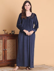 Secret Wish Navy Blue Solid Square Neck Velvet Full Length Winter Nighty