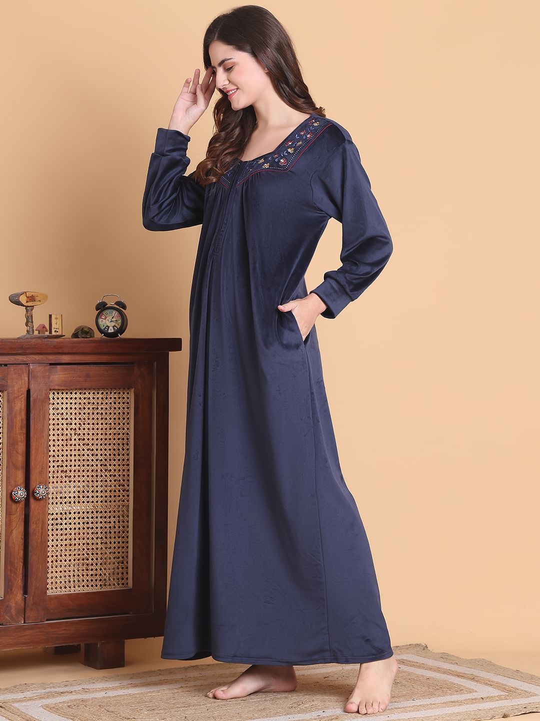 Secret Wish Navy Blue Solid Square Neck Velvet Full Length Winter Nighty