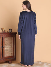 Secret Wish Navy Blue Solid Square Neck Velvet Full Length Winter Nighty