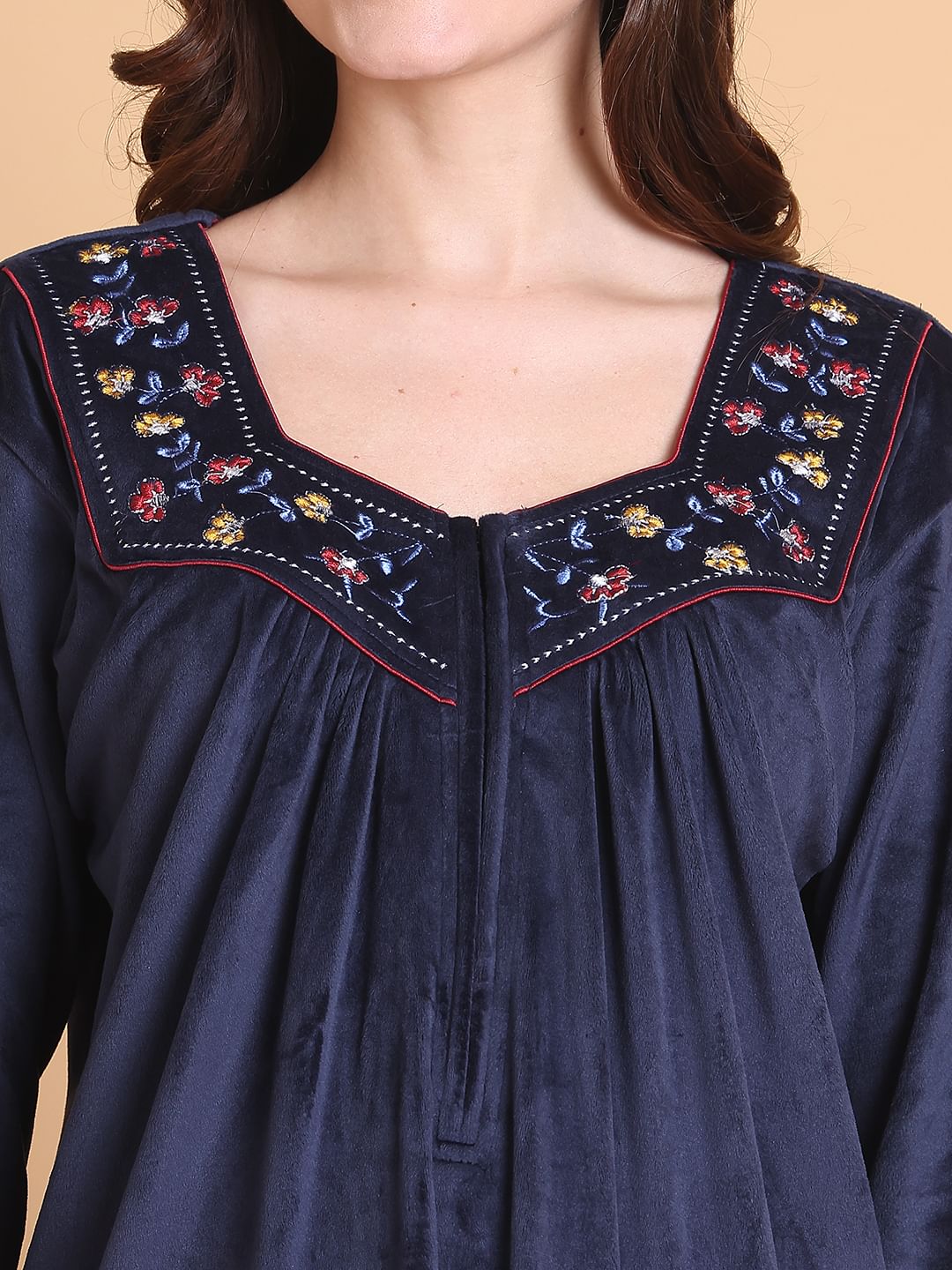 Secret Wish Navy Blue Solid Square Neck Velvet Full Length Winter Nighty