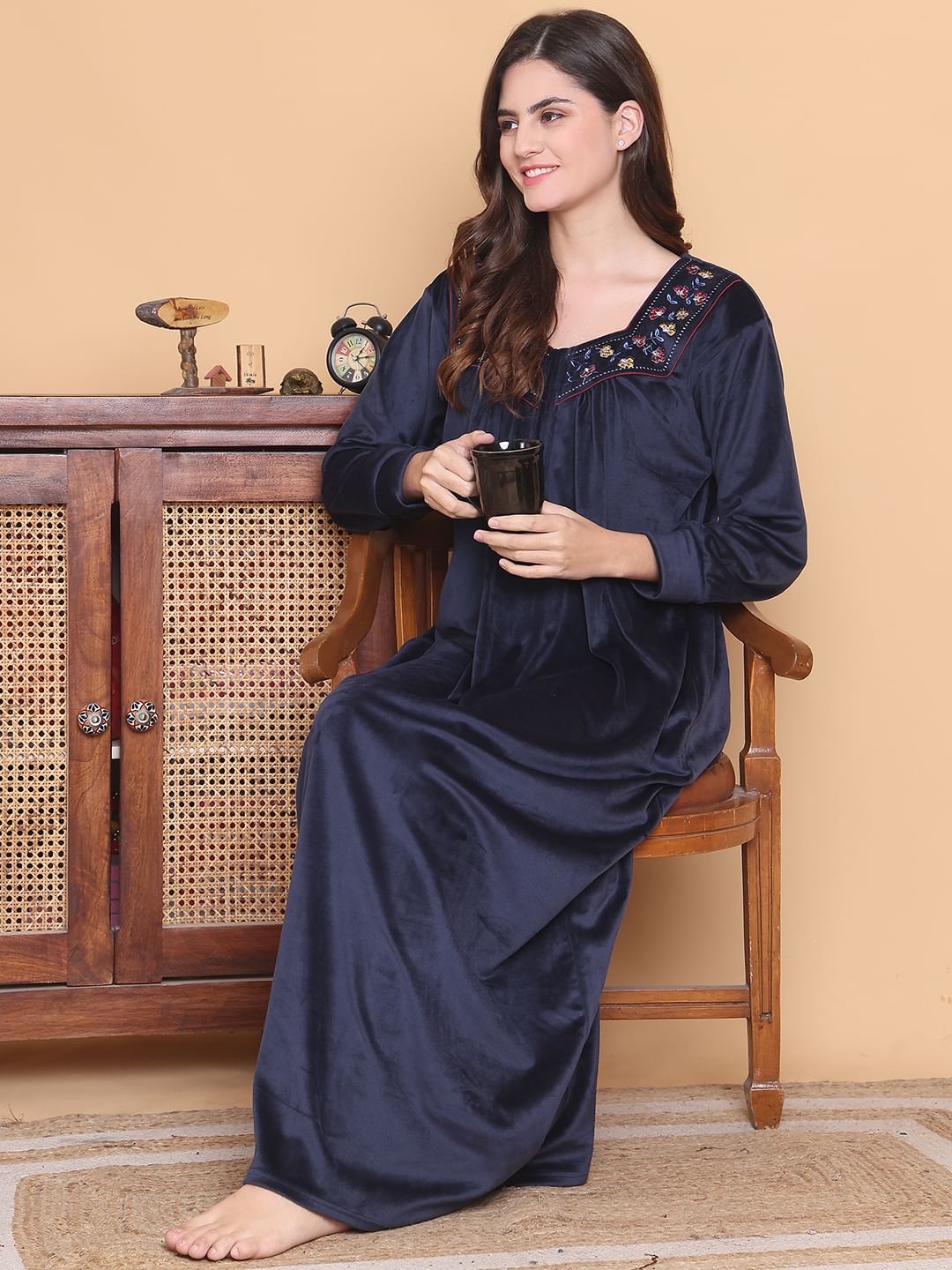 Secret Wish Navy Blue Solid Square Neck Velvet Full Length Winter Nighty