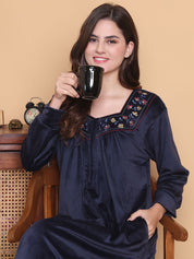 Secret Wish Navy Blue Solid Square Neck Velvet Full Length Winter Nighty