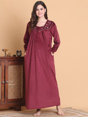 Secret Wish Maroon Solid Square Neck Velvet Full Length Winter Nighty