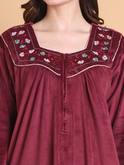 Secret Wish Maroon Solid Square Neck Velvet Full Length Winter Nighty