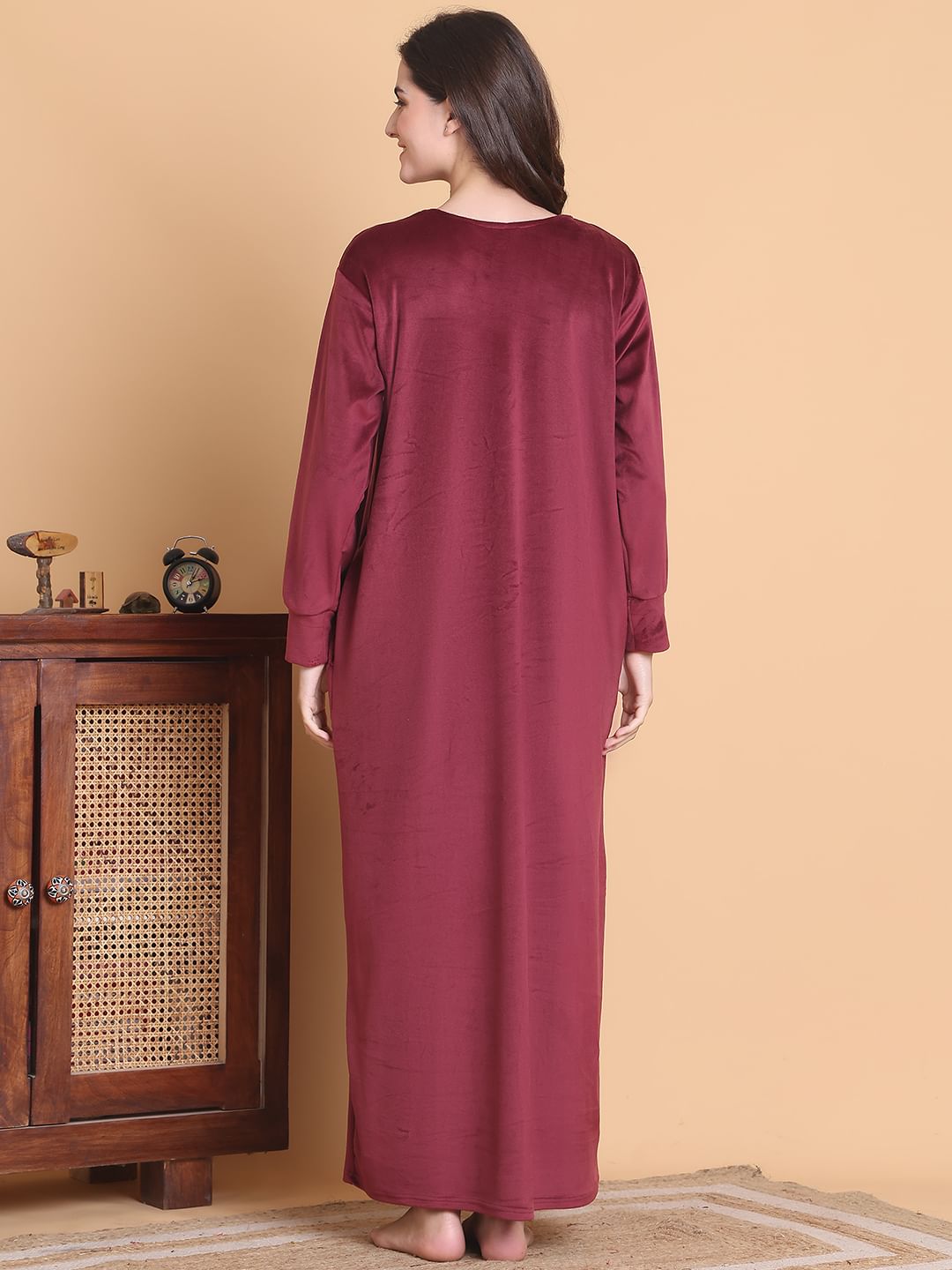 Secret Wish Maroon Solid Square Neck Velvet Full Length Winter Nighty