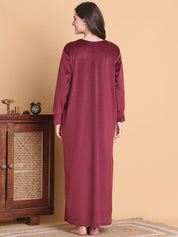 Secret Wish Maroon Solid Square Neck Velvet Full Length Winter Nighty