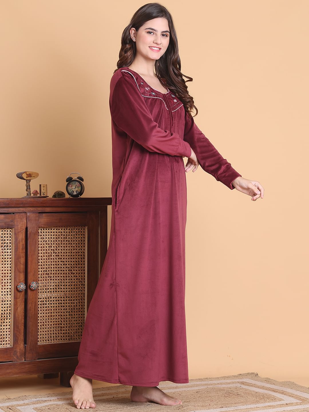 Secret Wish Maroon Solid Square Neck Velvet Full Length Winter Nighty