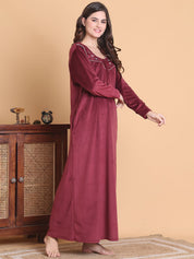 Secret Wish Maroon Solid Square Neck Velvet Full Length Winter Nighty