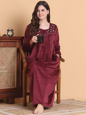Secret Wish Maroon Solid Square Neck Velvet Full Length Winter Nighty