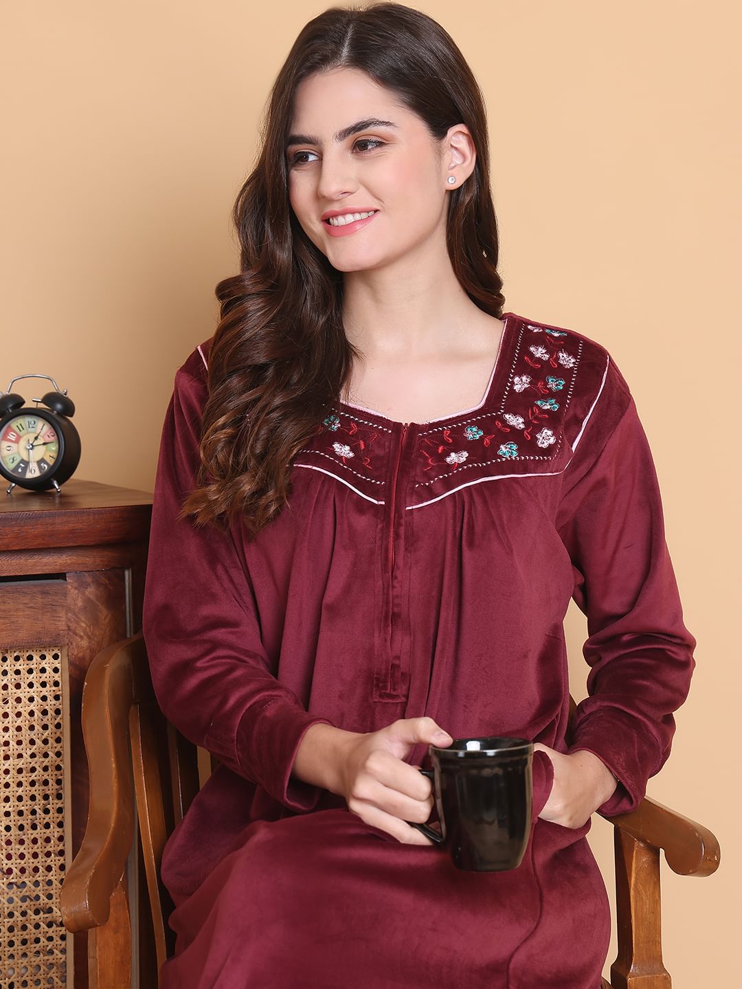 Secret Wish Maroon Solid Square Neck Velvet Full Length Winter Nighty