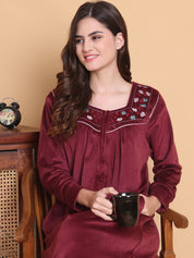 Secret Wish Maroon Solid Square Neck Velvet Full Length Winter Nighty