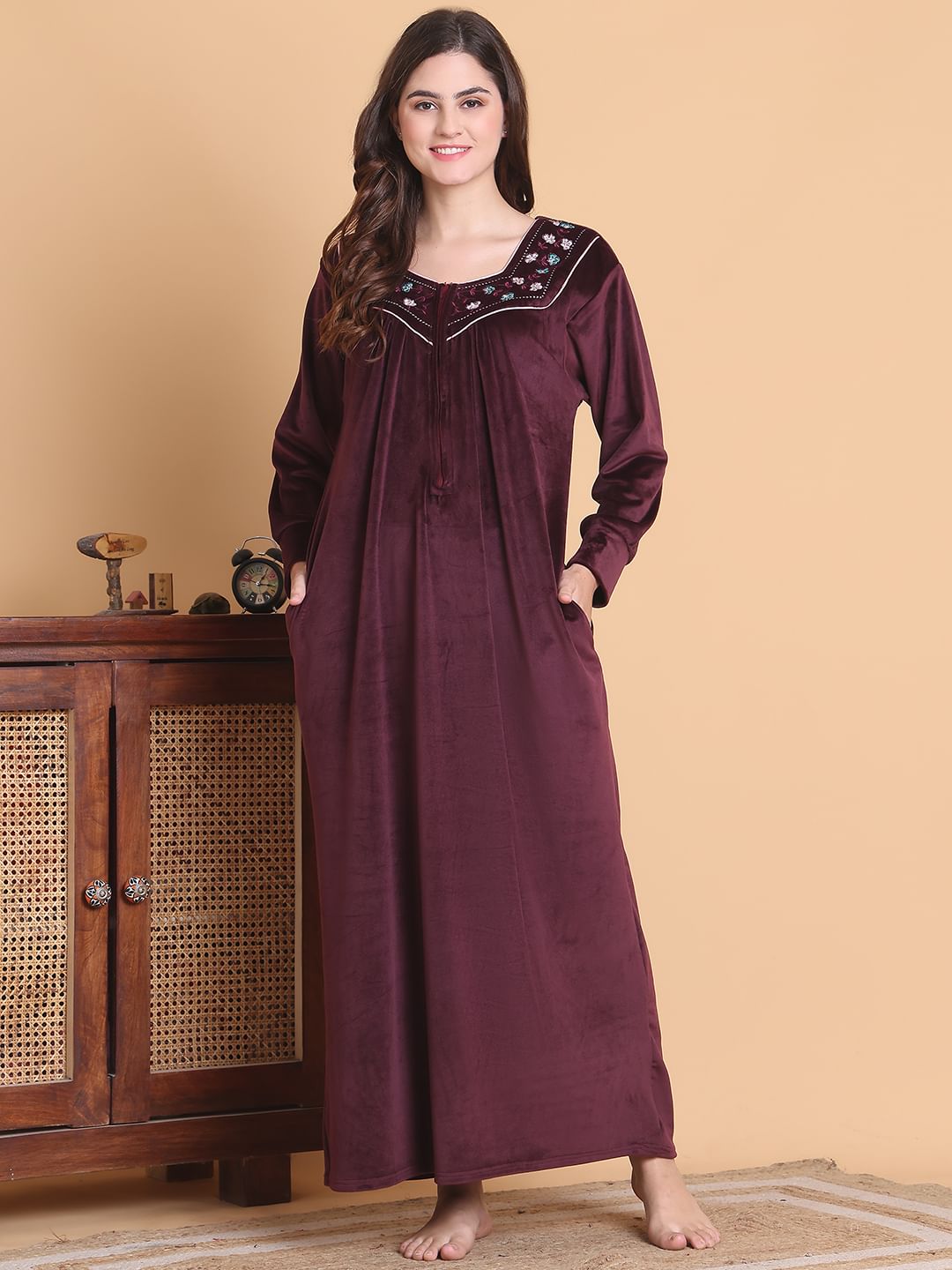 Secret Wish Burgundy Solid Square Neck Velvet Full Length Winter Nighty