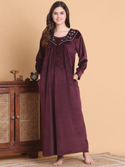 Secret Wish Burgundy Solid Square Neck Velvet Full Length Winter Nighty