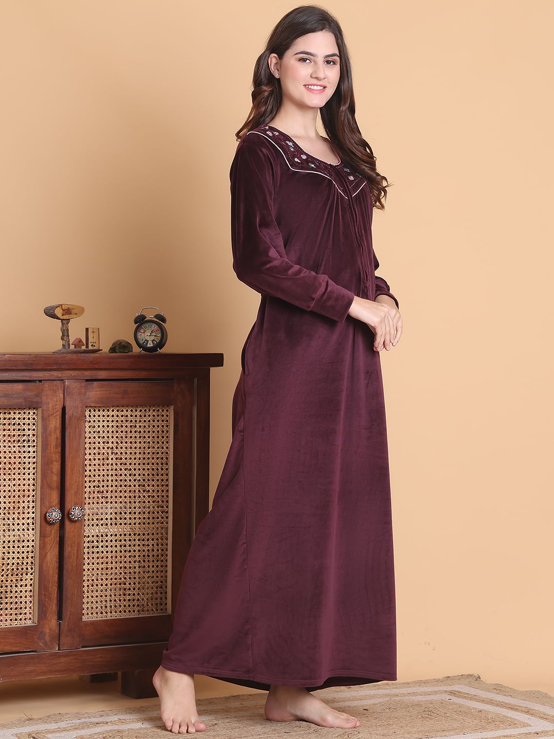 Secret Wish Burgundy Solid Square Neck Velvet Full Length Winter Nighty