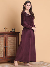 Secret Wish Burgundy Solid Square Neck Velvet Full Length Winter Nighty