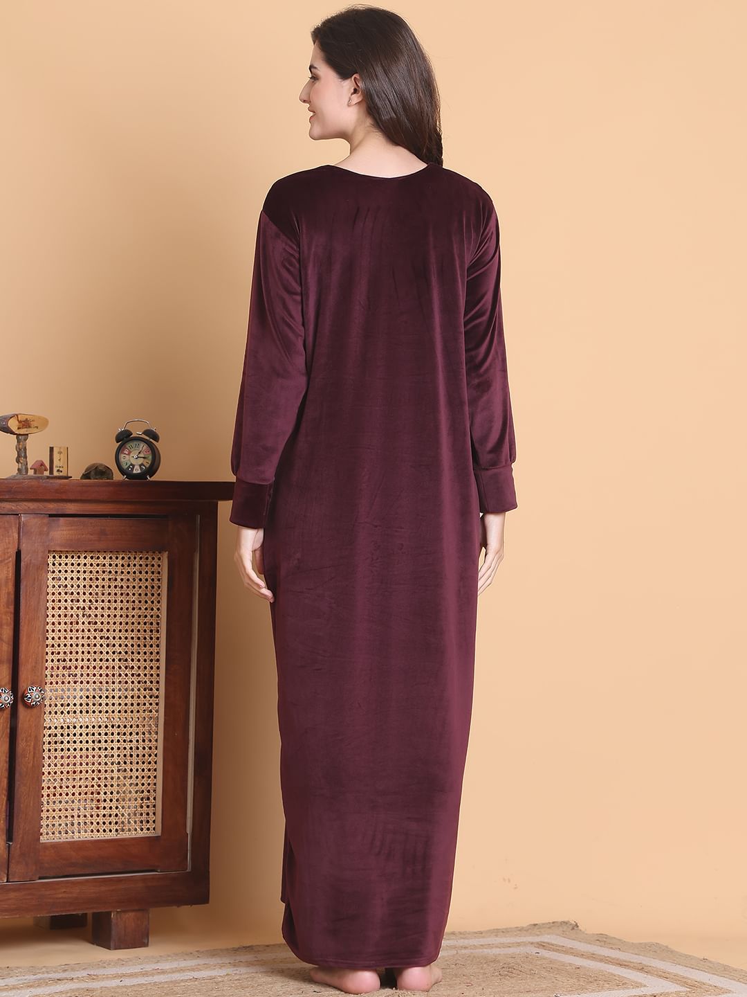 Secret Wish Burgundy Solid Square Neck Velvet Full Length Winter Nighty