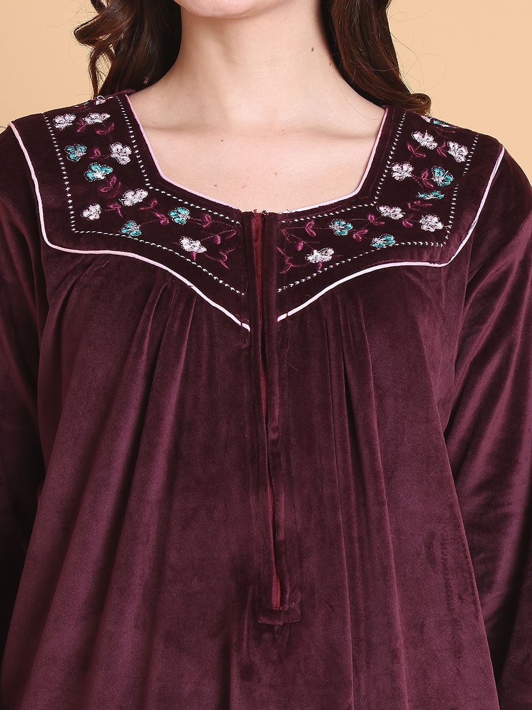 Secret Wish Burgundy Solid Square Neck Velvet Full Length Winter Nighty