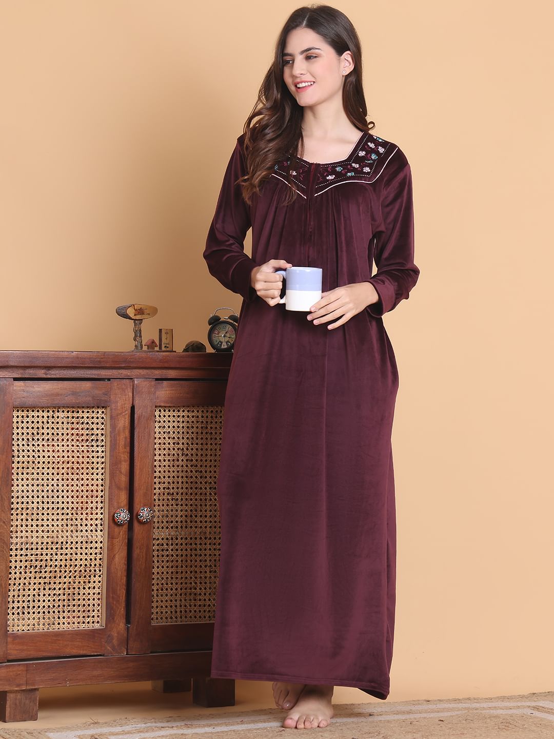 Secret Wish Burgundy Solid Square Neck Velvet Full Length Winter Nighty