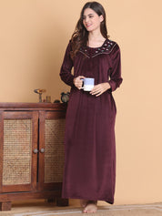 Secret Wish Burgundy Solid Square Neck Velvet Full Length Winter Nighty
