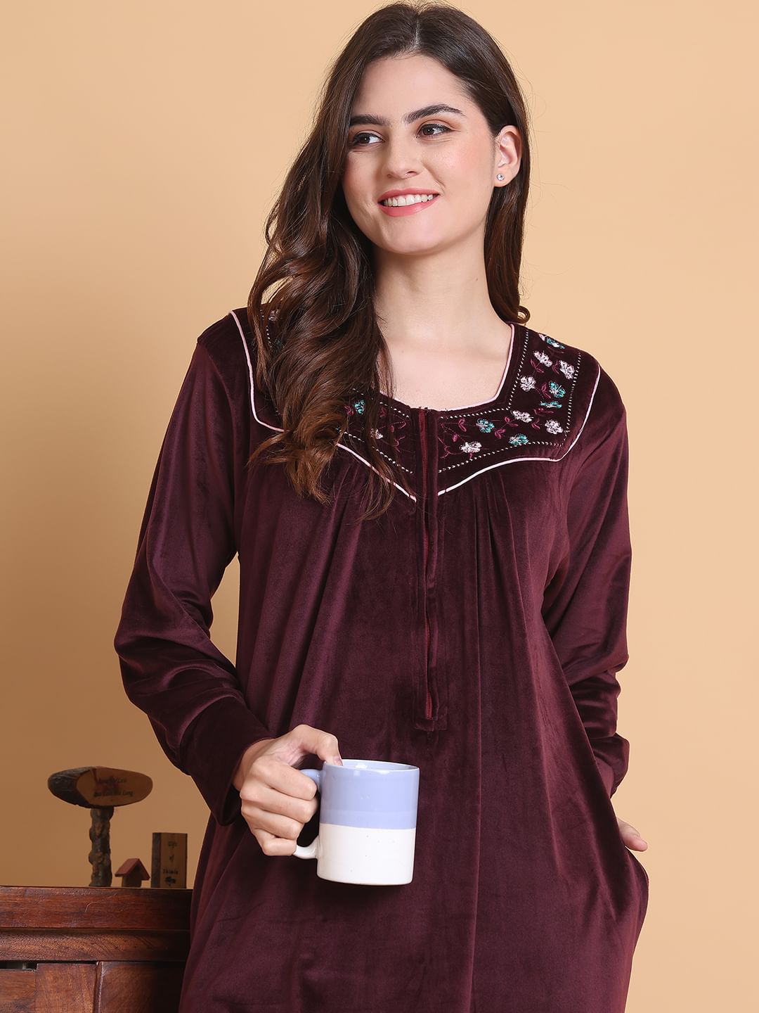Secret Wish Burgundy Solid Square Neck Velvet Full Length Winter Nighty