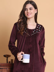 Secret Wish Burgundy Solid Square Neck Velvet Full Length Winter Nighty