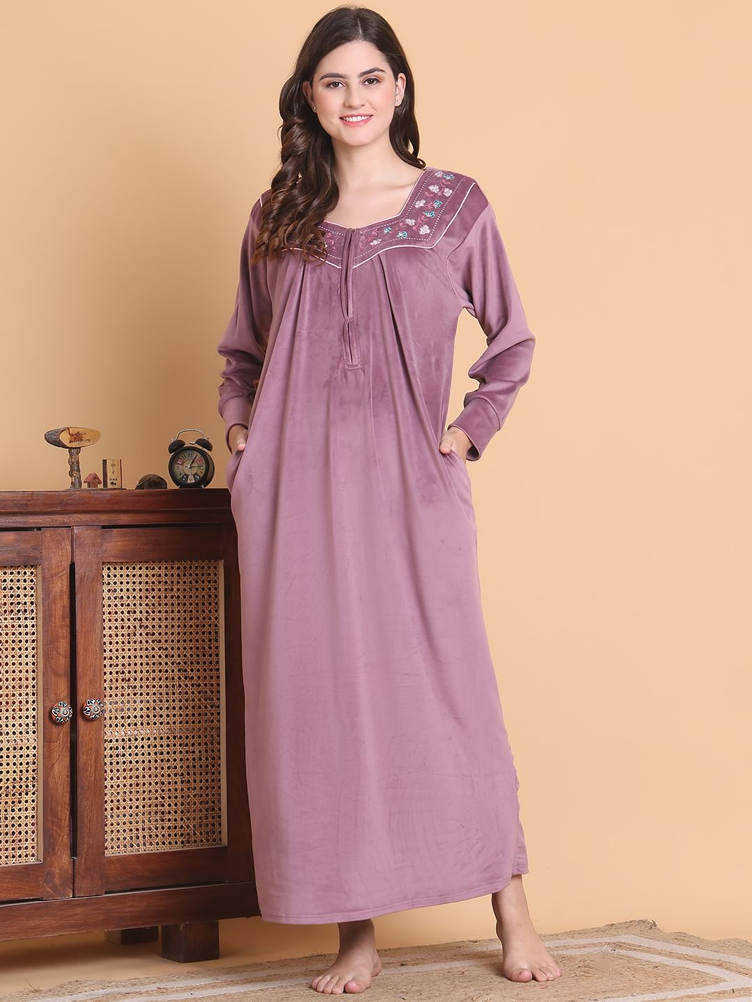 Secret Wish Pink Solid Square Neck Velvet Full Length Winter Nighty