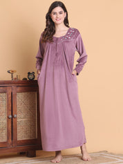 Secret Wish Pink Solid Square Neck Velvet Full Length Winter Nighty