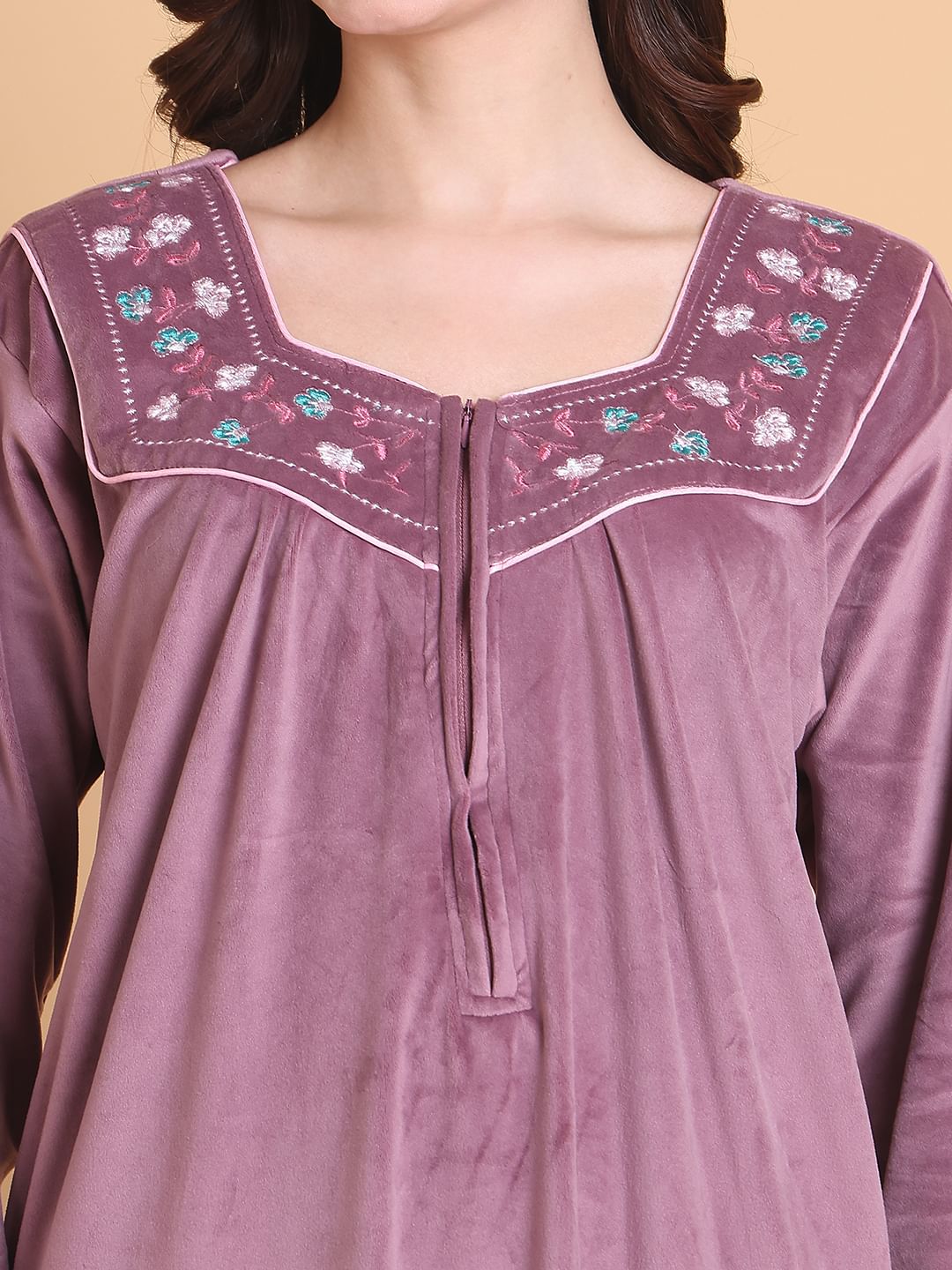 Secret Wish Pink Solid Square Neck Velvet Full Length Winter Nighty