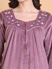 Secret Wish Pink Solid Square Neck Velvet Full Length Winter Nighty