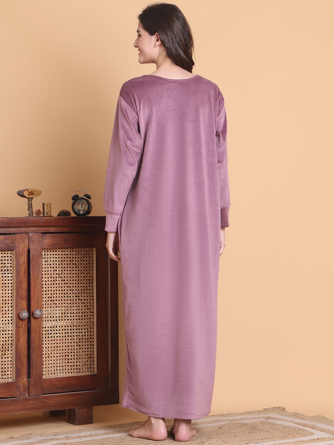 Secret Wish Pink Solid Square Neck Velvet Full Length Winter Nighty