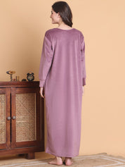 Secret Wish Pink Solid Square Neck Velvet Full Length Winter Nighty