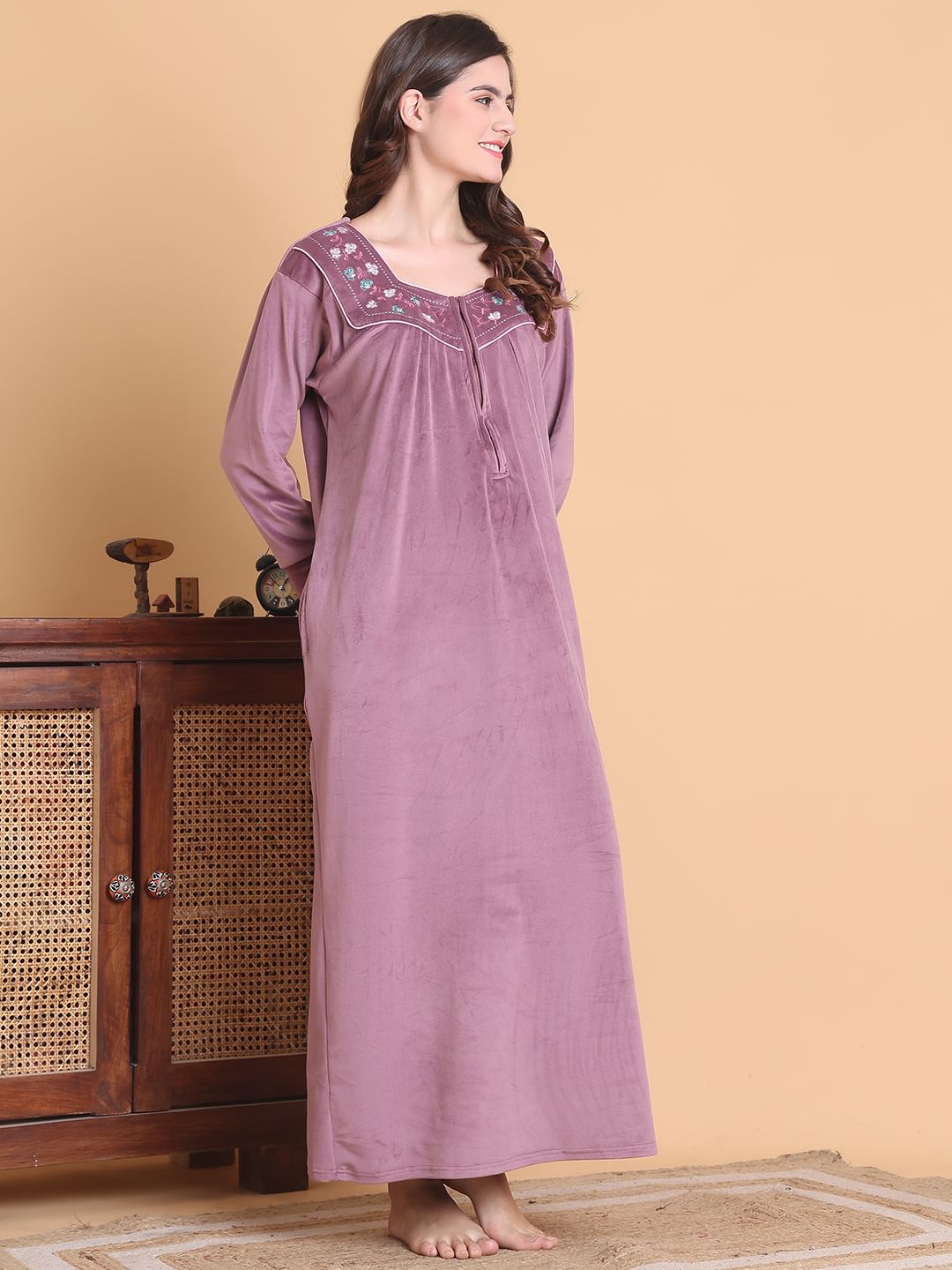 Secret Wish Pink Solid Square Neck Velvet Full Length Winter Nighty