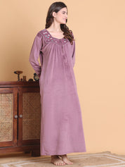 Secret Wish Pink Solid Square Neck Velvet Full Length Winter Nighty