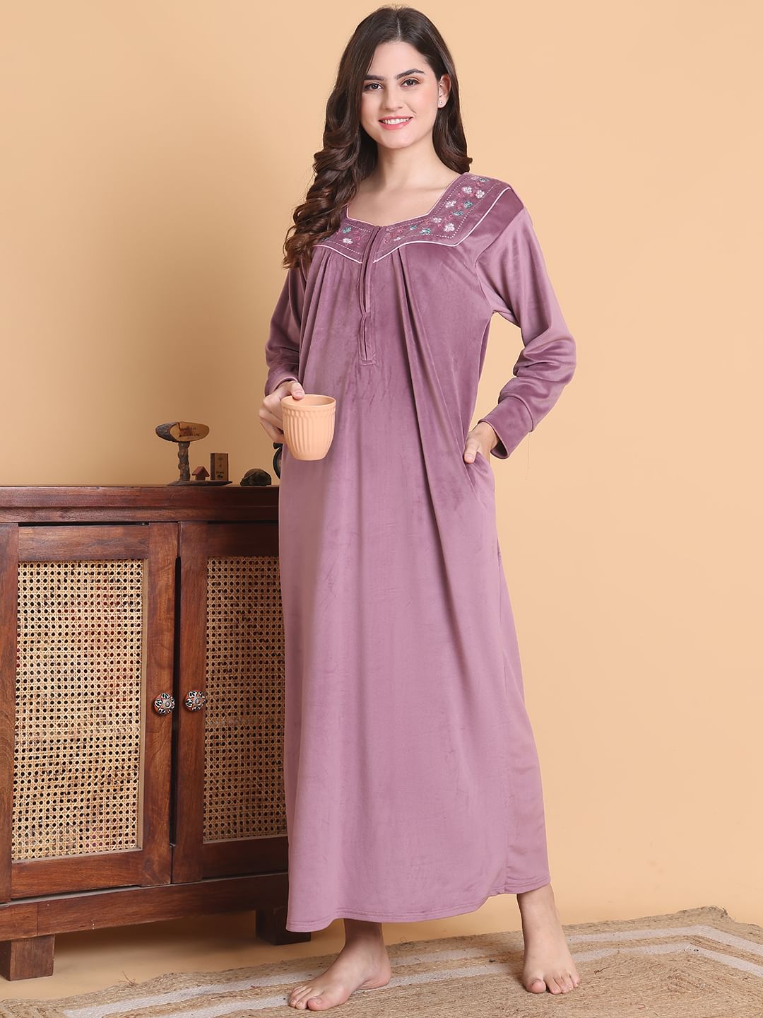 Secret Wish Pink Solid Square Neck Velvet Full Length Winter Nighty