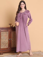 Secret Wish Pink Solid Square Neck Velvet Full Length Winter Nighty