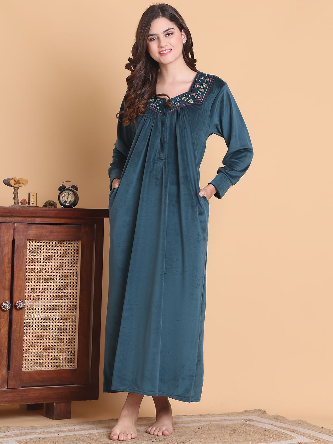 Secret Wish Teal Solid Square Neck Velvet Full Length Winter Nighty