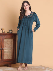 Secret Wish Teal Solid Square Neck Velvet Full Length Winter Nighty