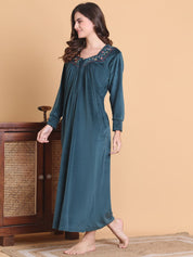 Secret Wish Teal Solid Square Neck Velvet Full Length Winter Nighty